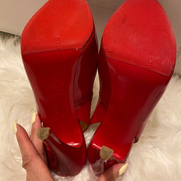 Christian Louboutin Red Patent Leather No Prive Sling Peep 120mm Pumps SZ 37.5 - Picture 9 of 10